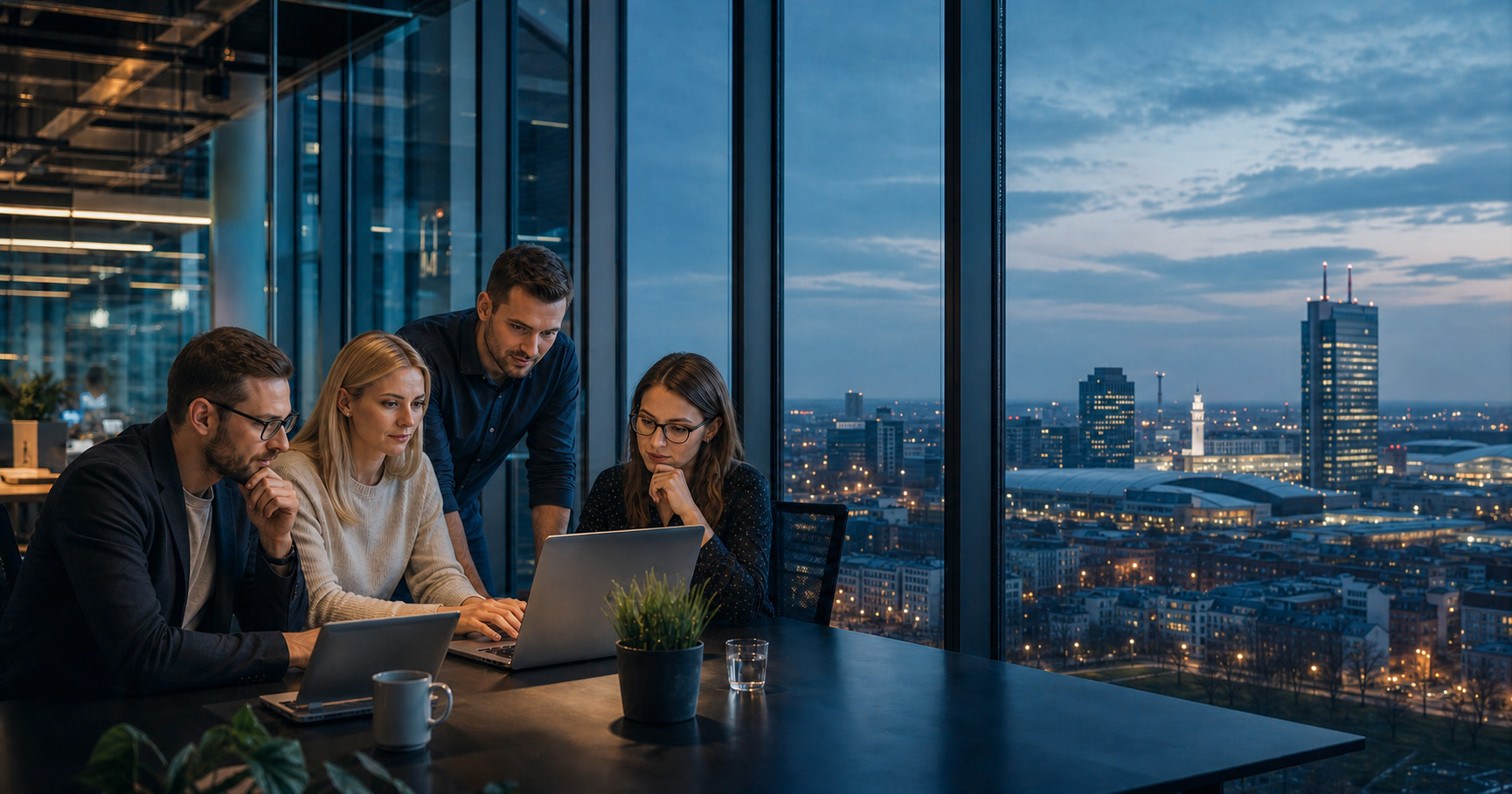 Technology specialists working in a modern office overlooking Poznan